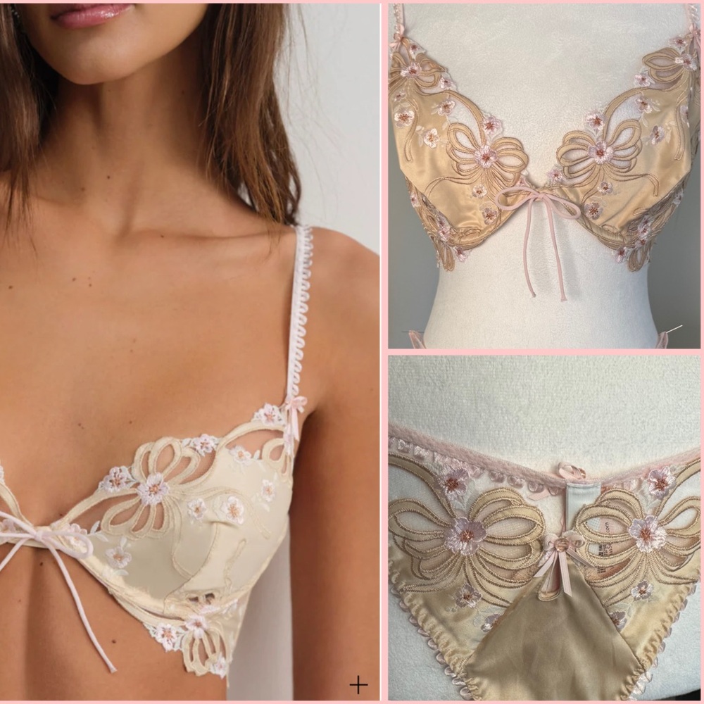 NWT (36D/L) 2PC For Love & Lemons "Flyaway Bows" Bra & Thong, Champagne Satin